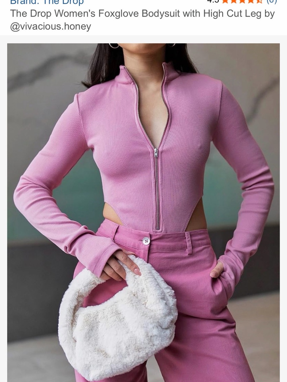 Ribbed Zip-Front Long Sleeve Pink Bodysuit